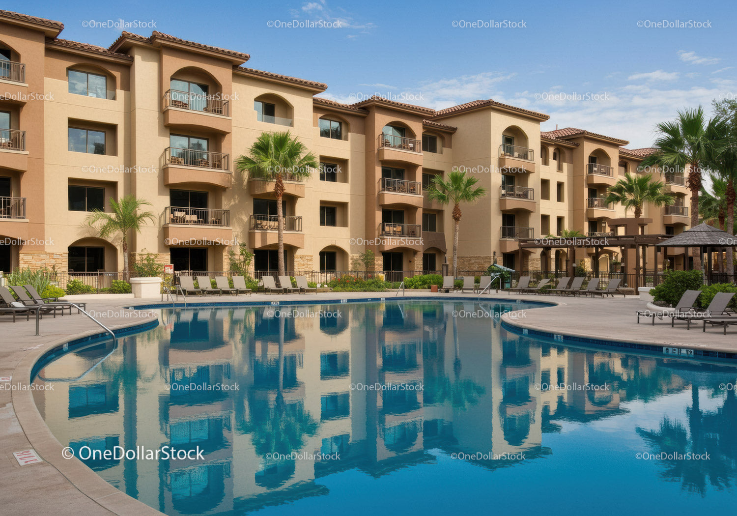 Elegant Apartment Complex with Outdoor Swimming Pool and Tropical Landscape