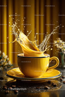 Vibrant Coffee Splash in Yellow Ceramic Mug with Beans
