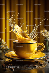 Vibrant Coffee Splash in Yellow Ceramic Mug with Beans