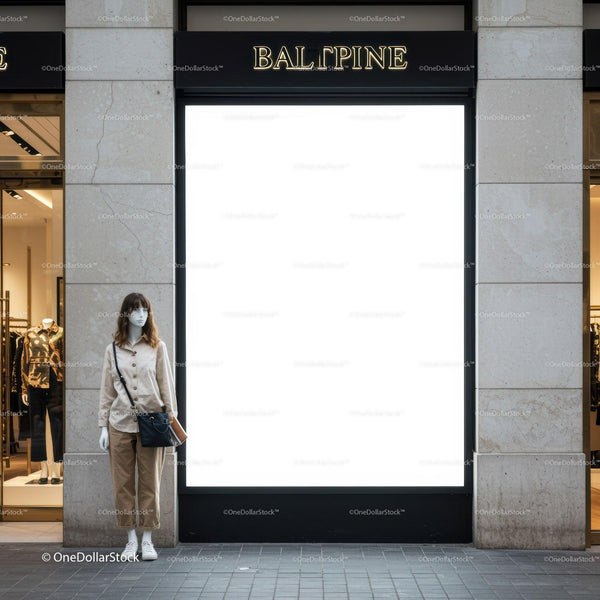 Fashion mannequin standing by empty store display window JPG Mockup Image