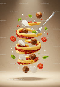 Floating rigatoni pasta with meatballs and fresh ingredients