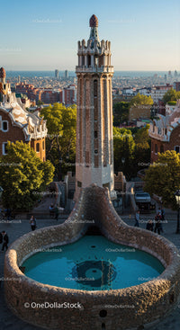 Colorful Mosaic Tower in Park Güell Barcelona by Antoni Gaudi