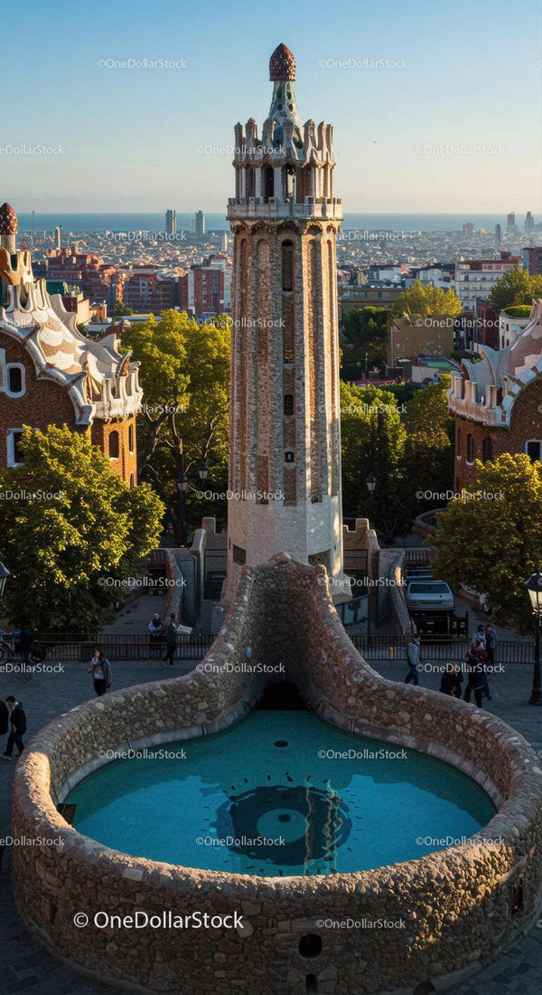 Colorful Mosaic Spire in a Garden Setting by a Visionary Architect