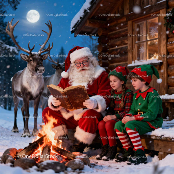Santa reading story to children by campfire outdoors