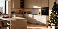 Modern kitchen with festive Christmas tree and decorations