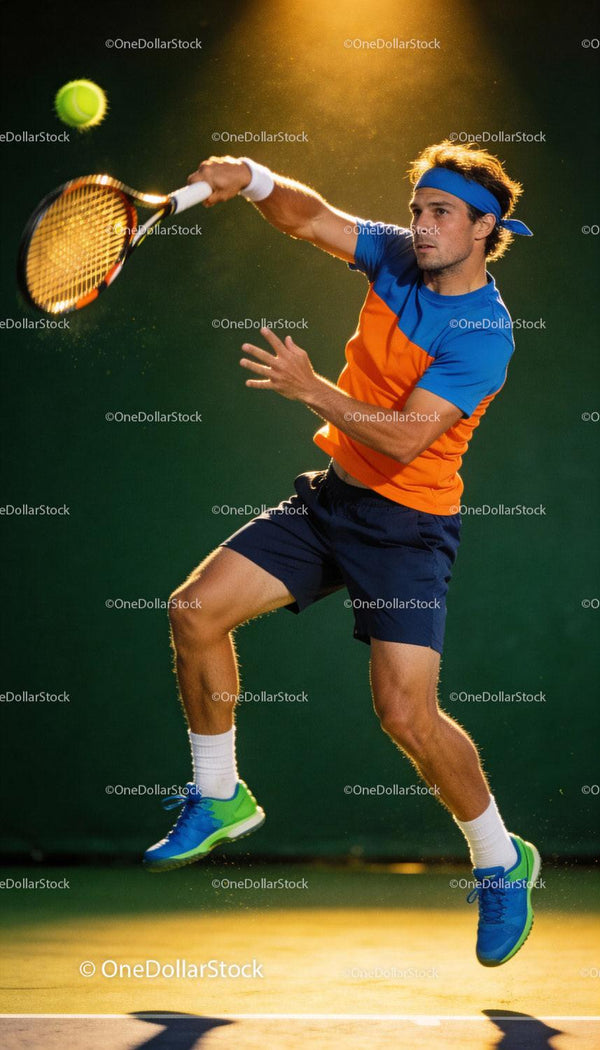 Male Tennis Player Leaping to Hit Forehand Shot