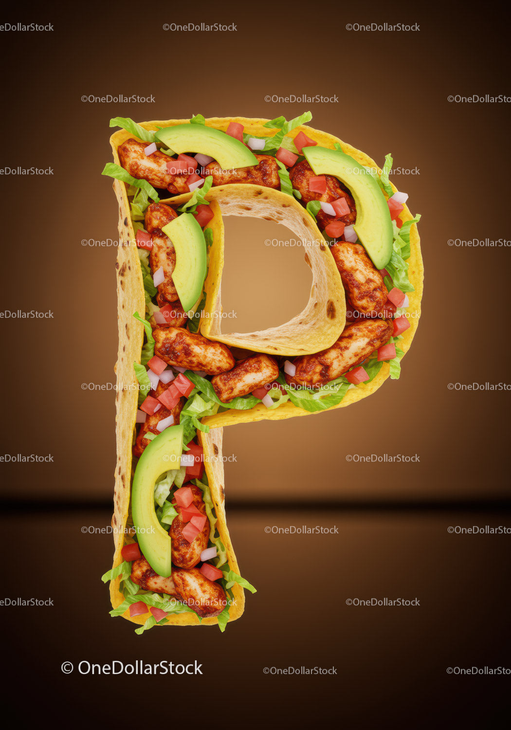Taco shaped into letter P with fresh ingredients