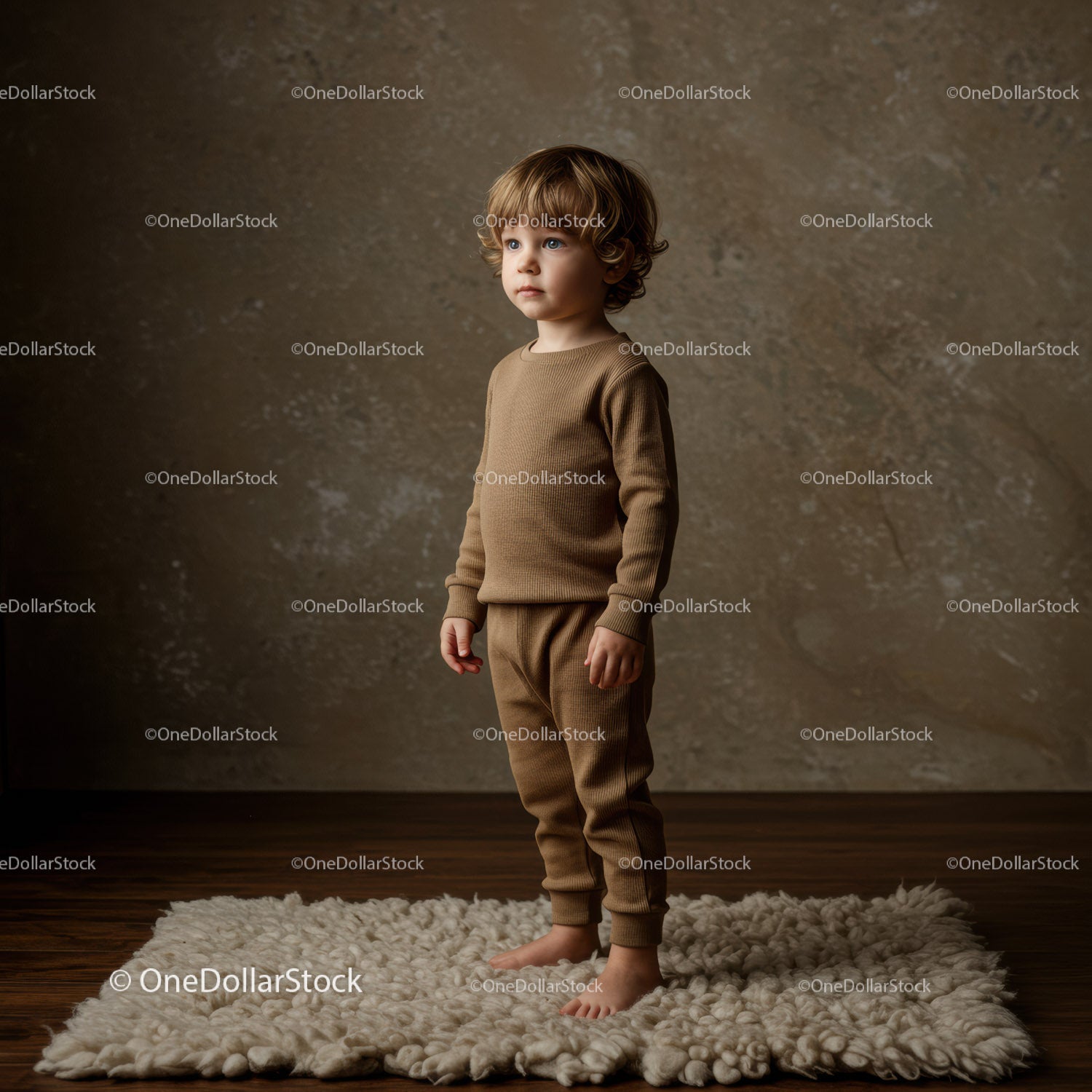 Young toddler boy standing barefoot on cozy rug indoors