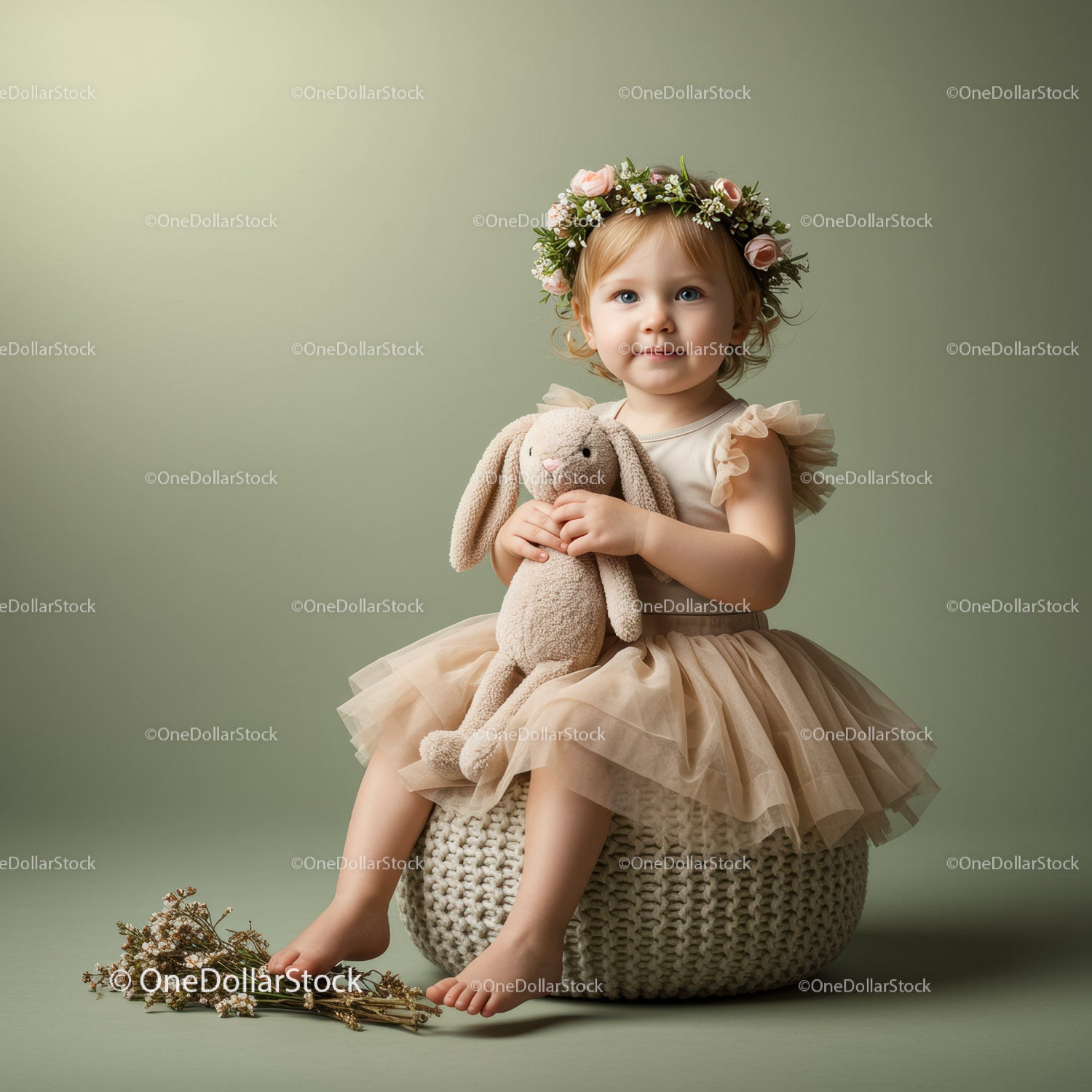 Toddler girl with flower crown hugging plush bunny
