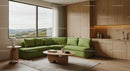 Cozy living area with green sofa and natural wood finishes