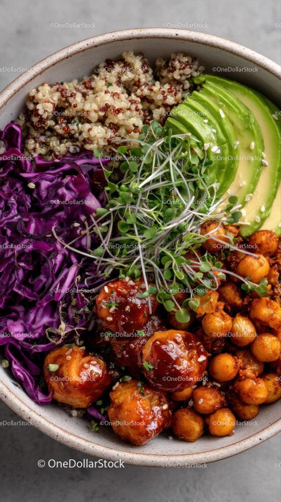 Colorful Quinoa Salad with Avocado Roasted Chickpeas and Microgreens Stock Photo Bundle (30 JPG Files)