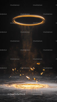 Futuristic Golden Ring of Sparks and Light Trail in Dark Space Scene