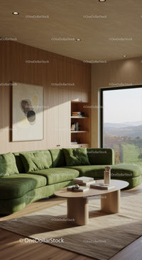 Modern living room with curved green sofa and scenic view