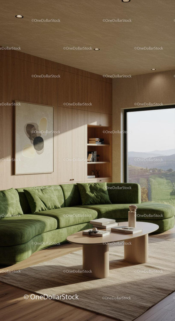 Modern living room with curved green sofa and scenic view
