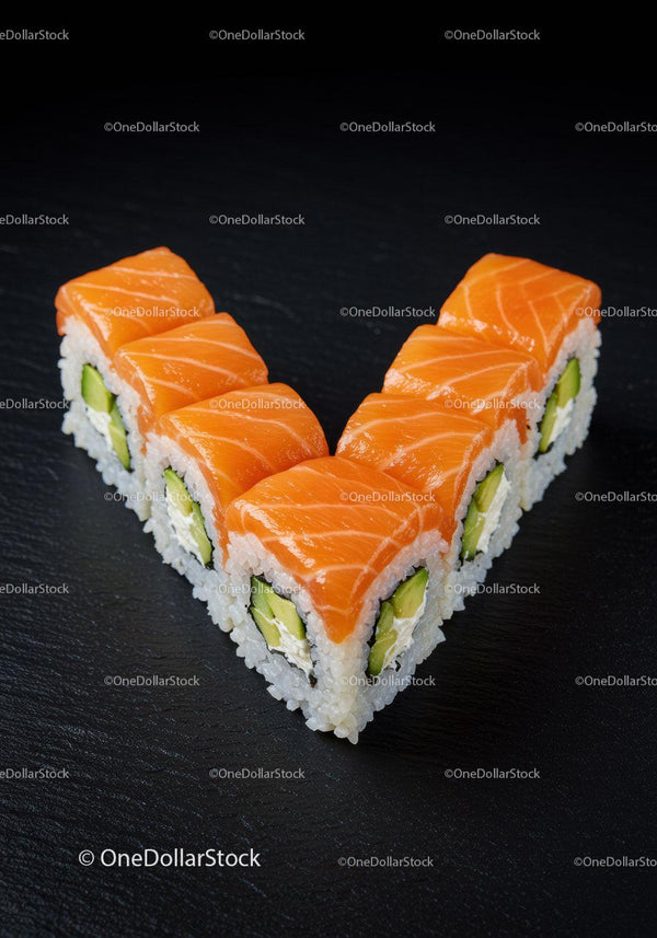 Salmon sushi rolls arranged in heart shape on black slate