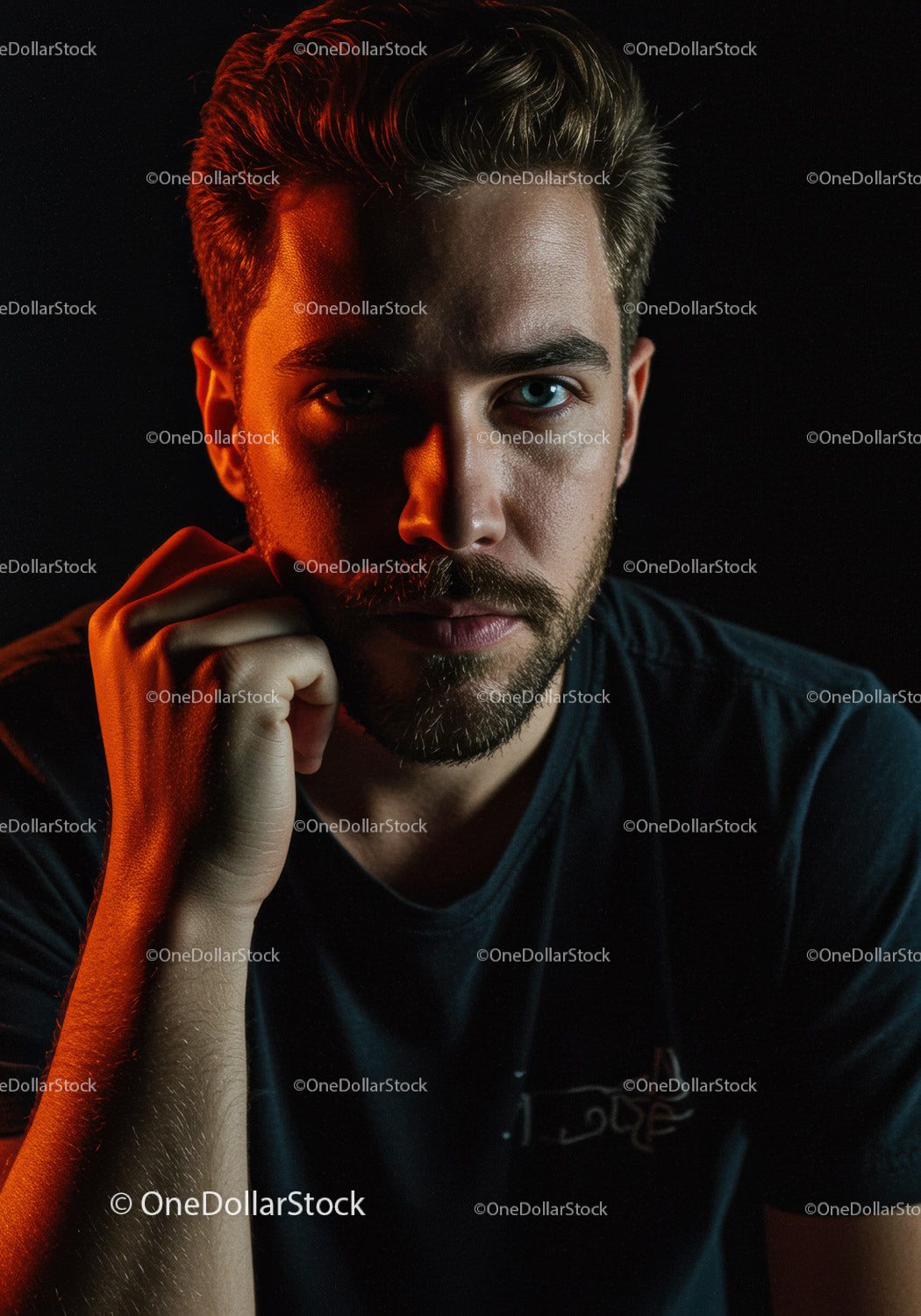 Thoughtful young man in dramatic warm lighting portrait