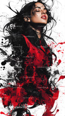 Elegant Woman with Black Hair and Red Lipstick in Artistic Pose