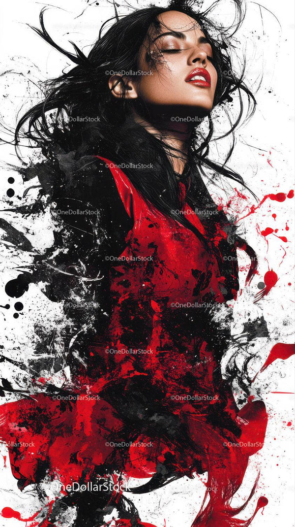 Woman Wearing Red Dress With Abstract Paint Splashes