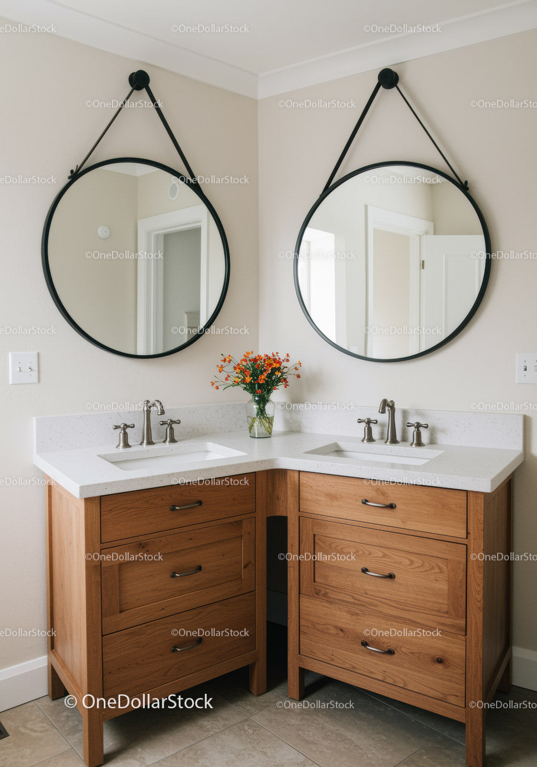 Wooden Double Vanity with Round Black Framed Mirrors in Modern Bathroom