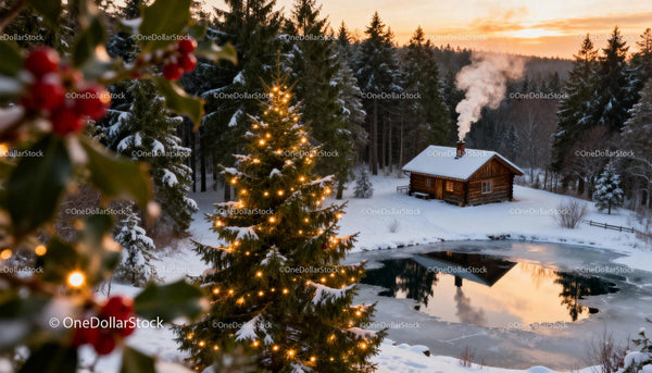 Cozy winter cabin with decorated Christmas tree at sunset