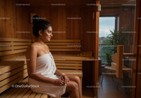 Relaxing Woman Sitting in Sauna with Wooden Interior and Towel