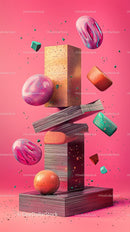 Abstract Colorful Geometric Sculpture on Vibrant Pink Background
