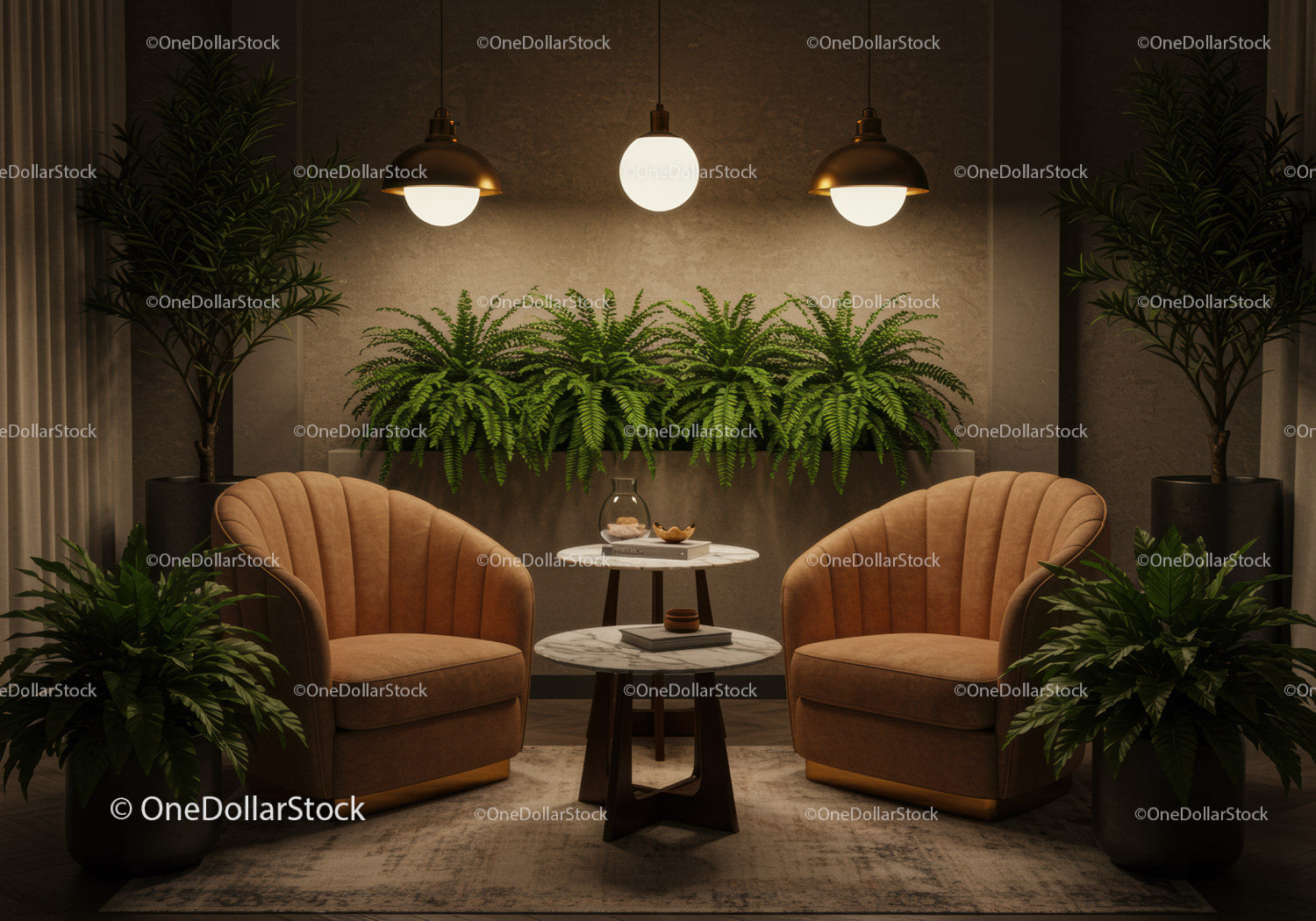 Cozy modern lounge with plush chairs and greenery