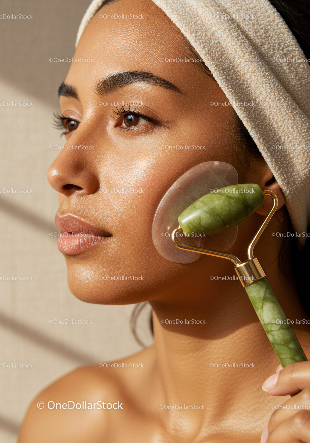 Woman Using Jade Roller for Facial Skincare and Glow Enhancement