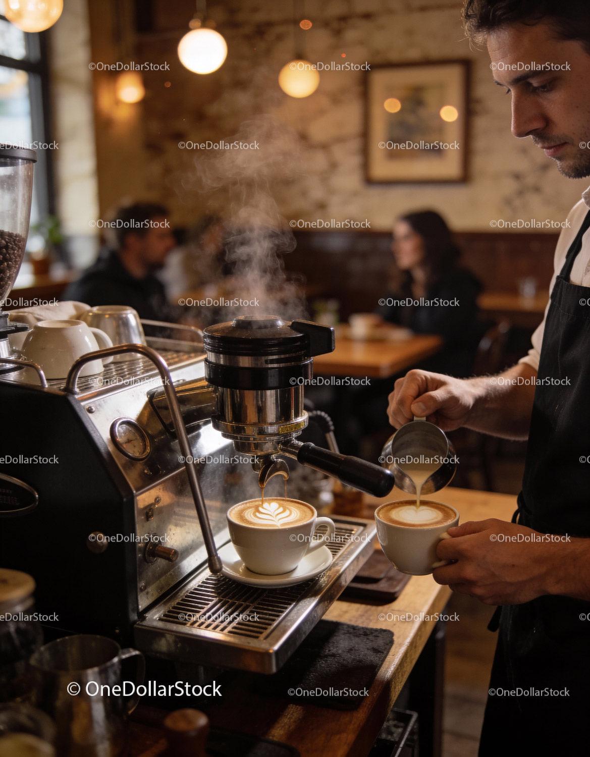 Barista preparing latte art in cozy café ambiance