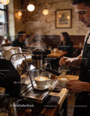 Barista preparing latte art in cozy café ambiance