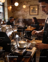Barista preparing latte art in cozy café ambiance