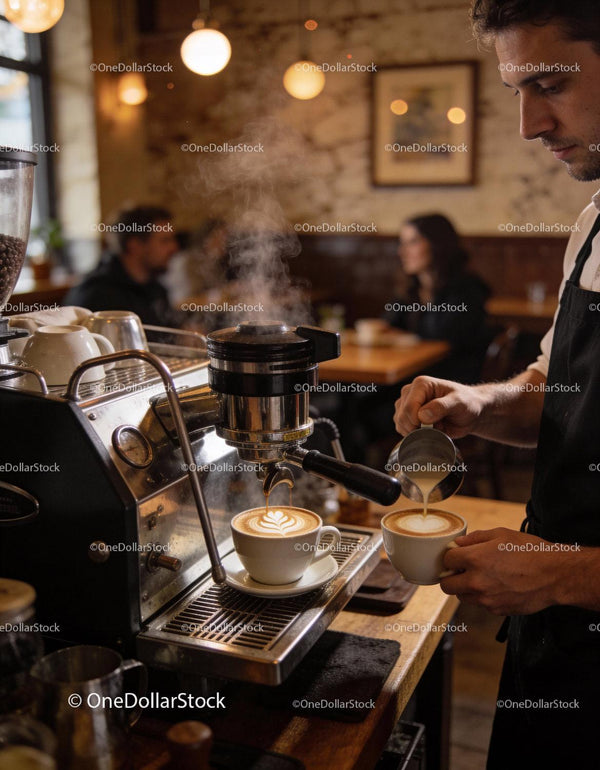 Barista preparing latte art in cozy café ambiance