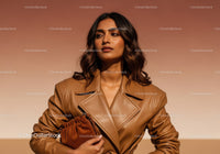 Stylish Woman in Brown Leather Jacket Holding Clutch at Sunset