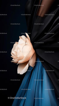 Elegant Black Dress with Flowing Blue Skirt and Satin Fabric Detail