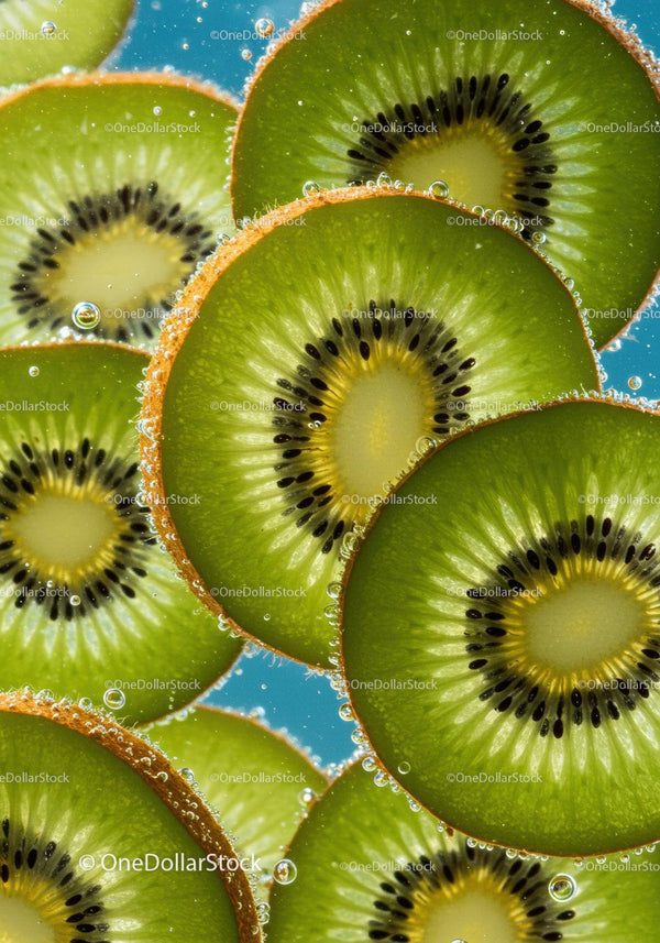 Fresh Kiwi Slices Submerged in Sparkling Water