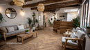 Cozy Indoor Lounge with Wooden Decor and Green Plants