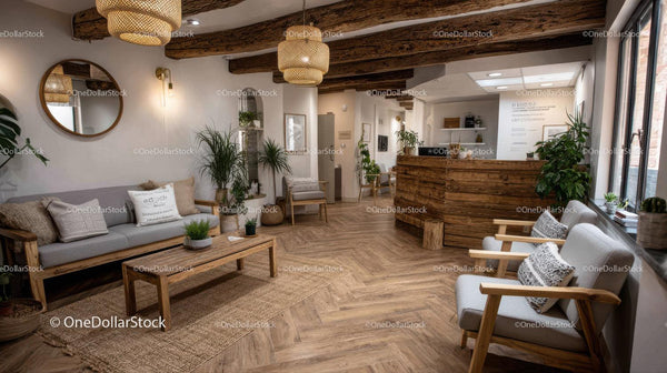 Cozy Indoor Lounge with Wooden Decor and Green Plants