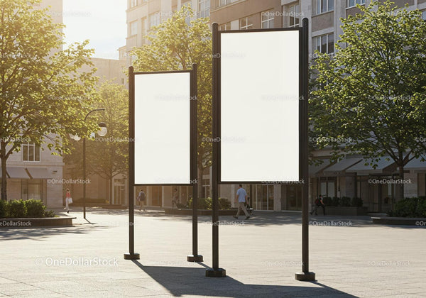 Empty Urban Billboards in Sunny Public Square JPG Mockup Image