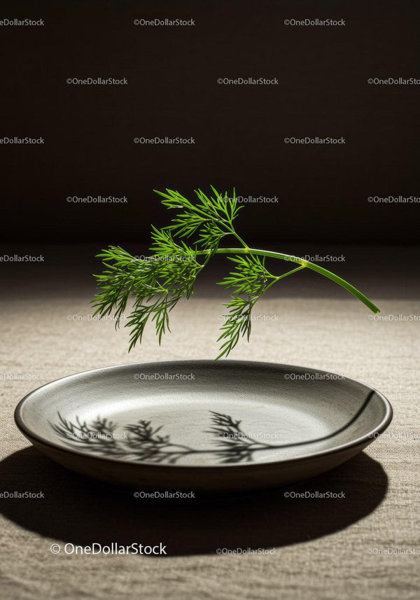 Fresh dill sprig casting shadow on ceramic plate