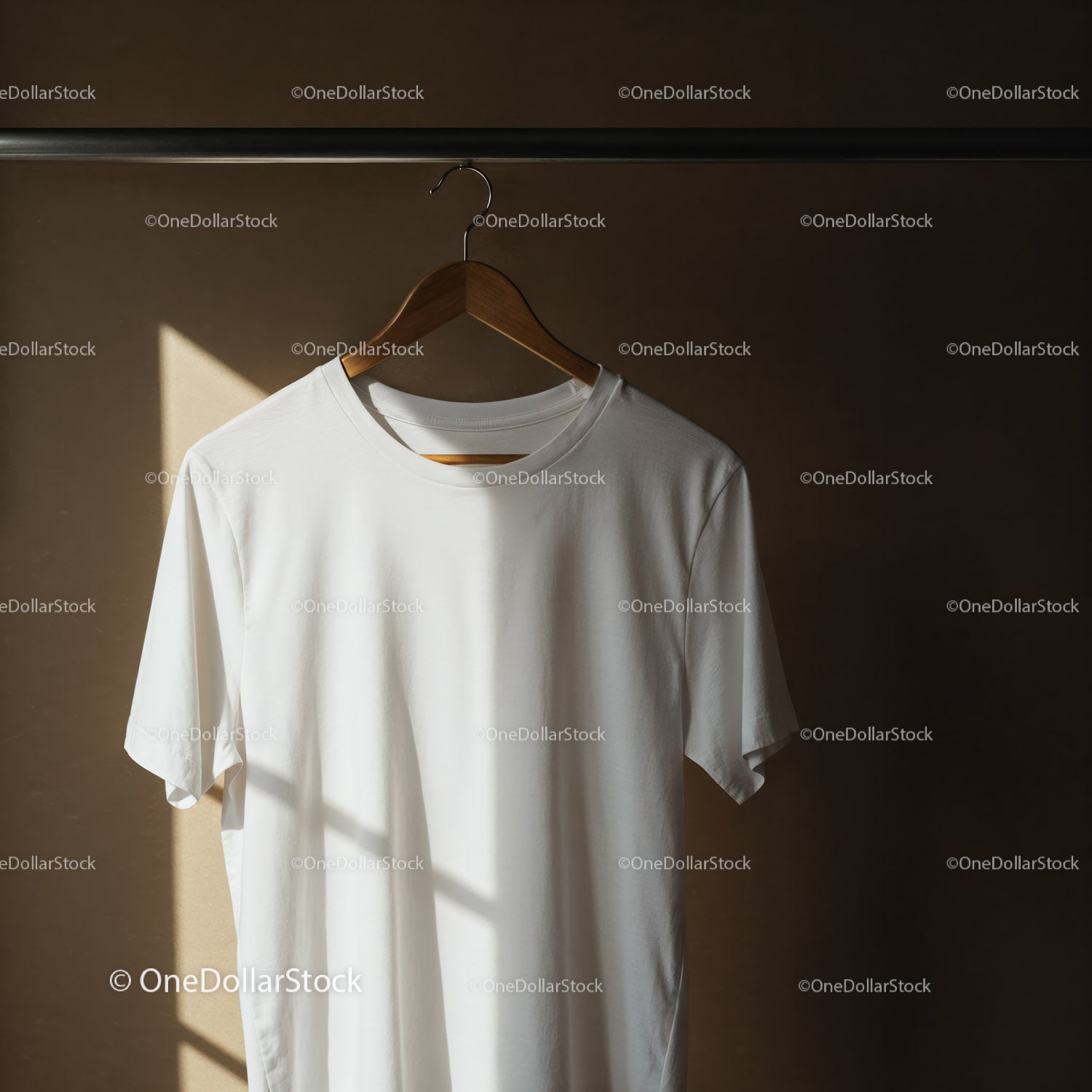 Minimalist White T Shirt Hanging on Wooden Hanger