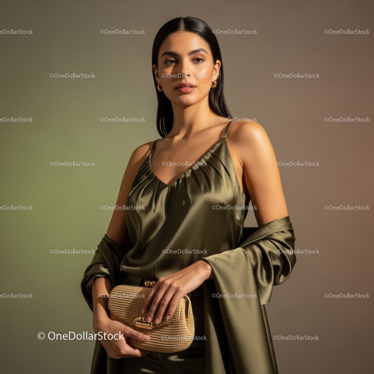 Elegant Fashion Model Wearing Satin Dress with Handbag in Studio