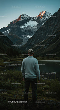 Adventurous Man Enjoying Scenic Mountain Reflection at Sunset