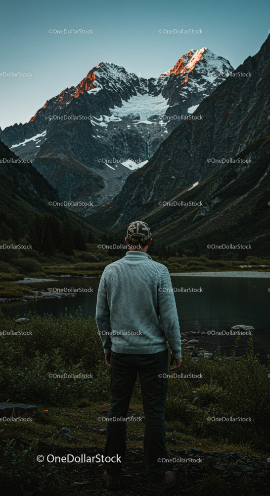 Adventurous Man Enjoying Scenic Mountain Reflection at Sunset