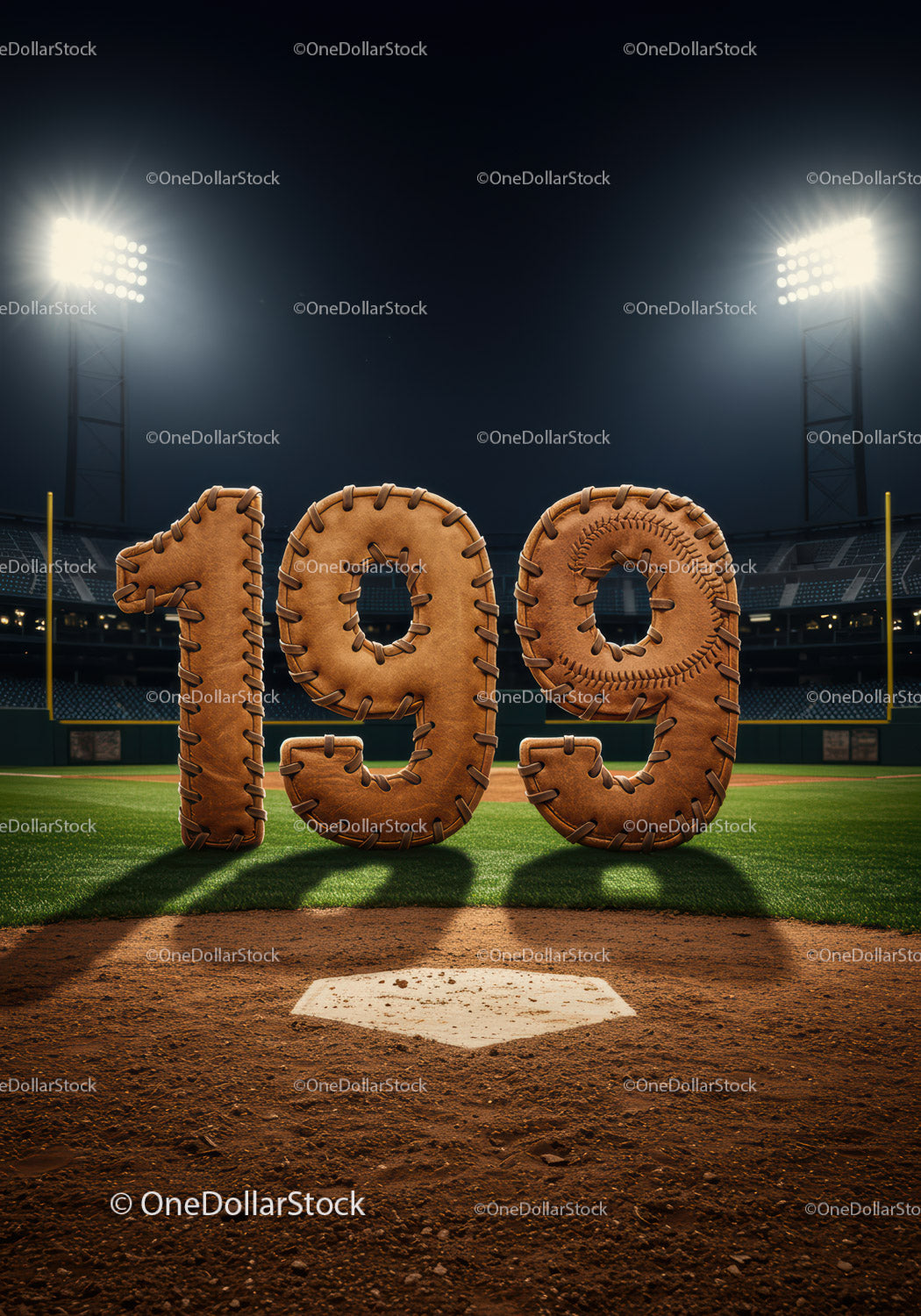 Leather stitched numbers 199 on baseball field at night