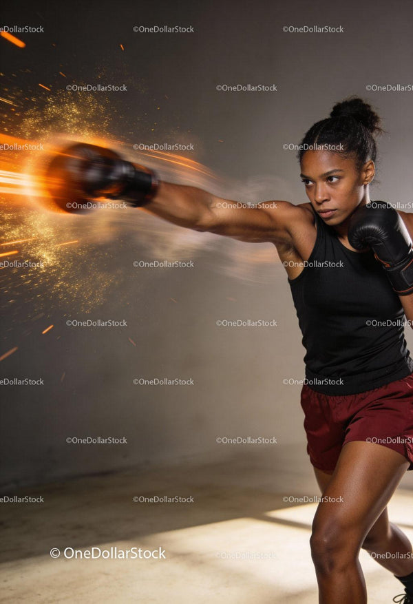 Focused woman boxing with dynamic energy and power