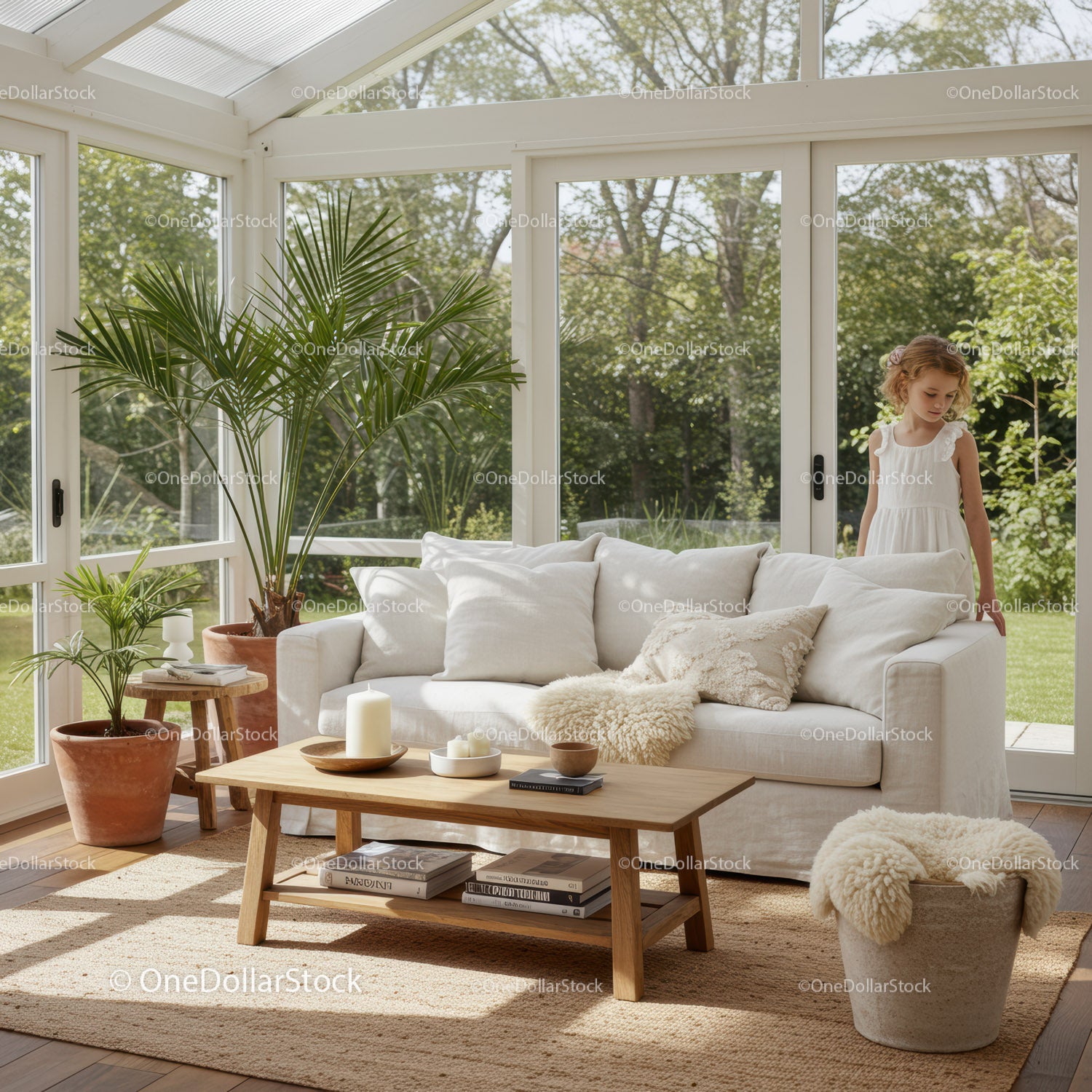 Cozy sunlit living room with greenery and child