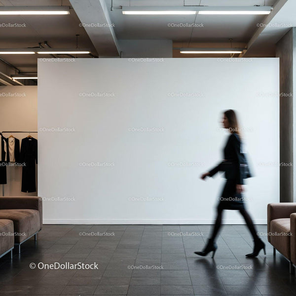 Blurred businesswoman walking in modern office lobby JPG Mockup Image