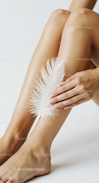 Elegant Woman's Legs with White Feather on Smooth Skin