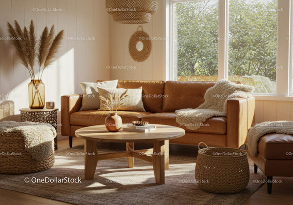 Cozy modern living room with warm natural light