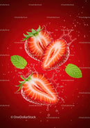Fresh strawberries with splash and mint leaves on red